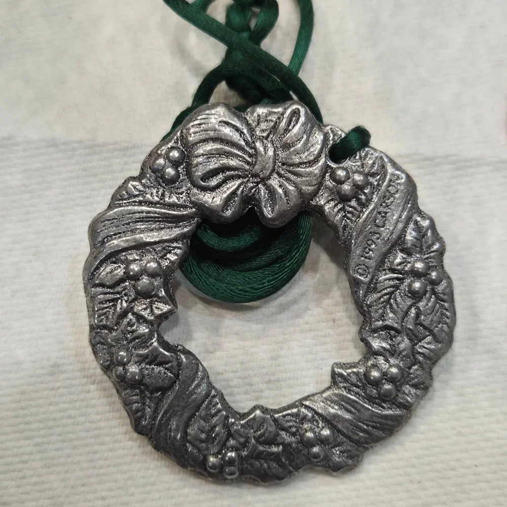 Vintage Carson Pewter Christmas Ornaments Wreath Pinecone Set of 2 1993